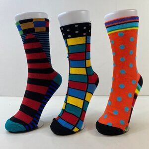 Mens Crew Socks Set 3 Stripes Polka Dots Block Pattern Orange Black Blue Green